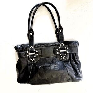 B. Makowsky Soft Black Leather Studded Tote Shoulder Bag